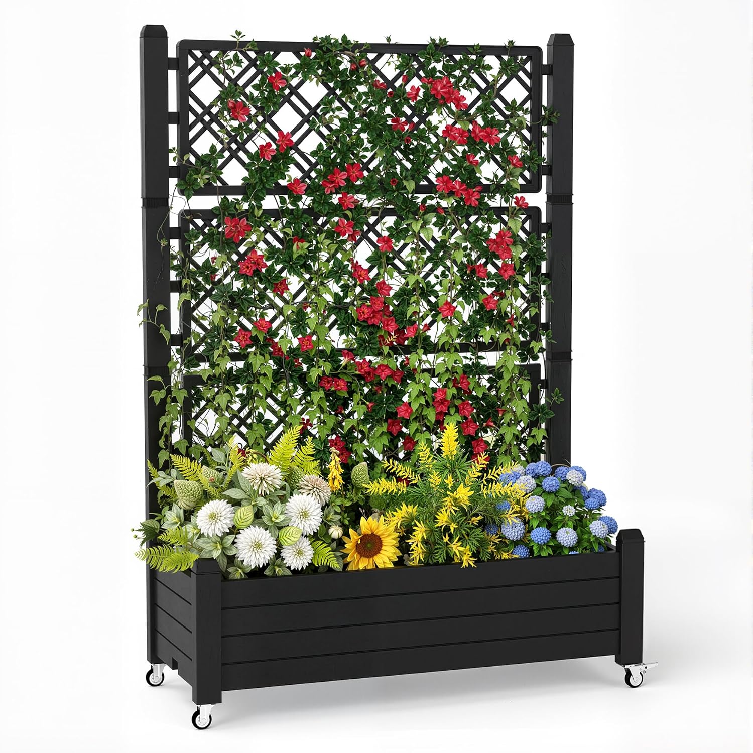 Self-Watering Planter - トレリス付き上げ床式菜園、21ガロン自動給水プランターボックス、ロック可能な車輪と排水穴付き、つる性植物、野菜、花用、錆びにくい樹脂製、裏庭パティオ用（黒）