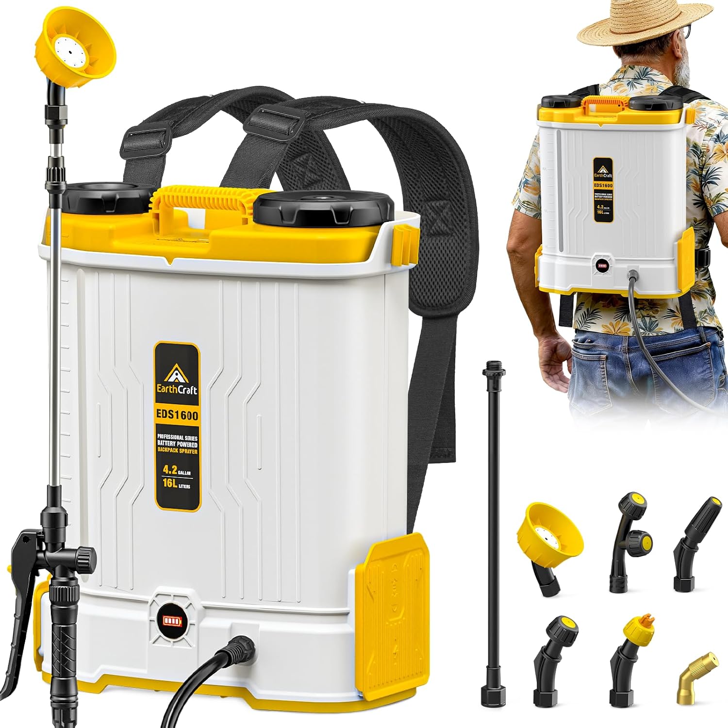 Gardening Yard Tools - 4.2ガロンバッテリー駆動のバックパックスプレーヤー、DeWalt 20Vバッテリー対応（本体のみ）、混合システム搭載、芝生、庭、ヤード用の6つのスプレーノズル付きバックパックガーデンスプレーヤー