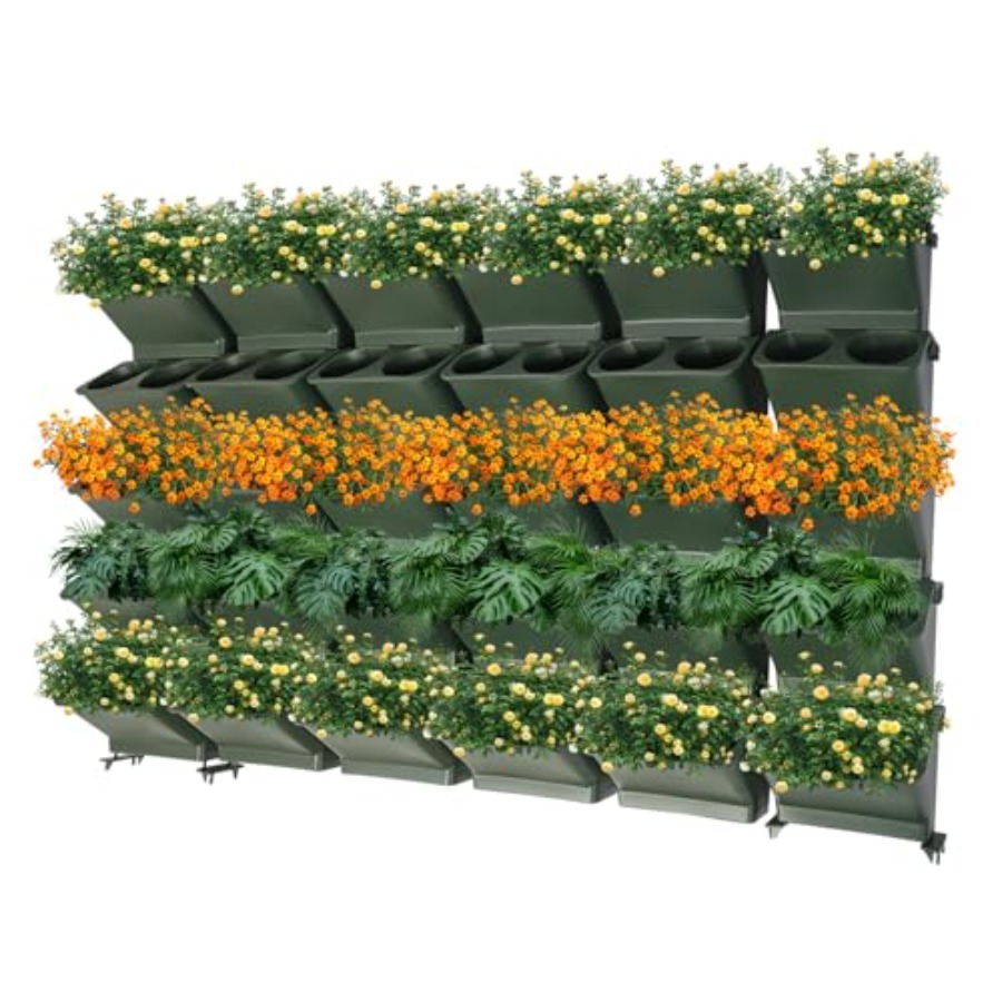 Self-Watering Planter - バルコニーや庭用の垂直壁掛けプランター、耐久性のある生地製、グレー色、60個の自動給水ポケット付き、積み重ね可能 F